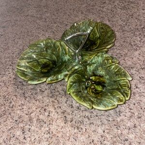VTG CAL ORIG USA GREEN CABBAGE DIVIDED GREEN SERVING DISH HANDLE 3 SECTIONS 10”